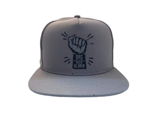 Boné snapback cinza com frase impactante "Dias de Luta, Dias de Glória". Design marcante, aba reta e fechamento ajustável.